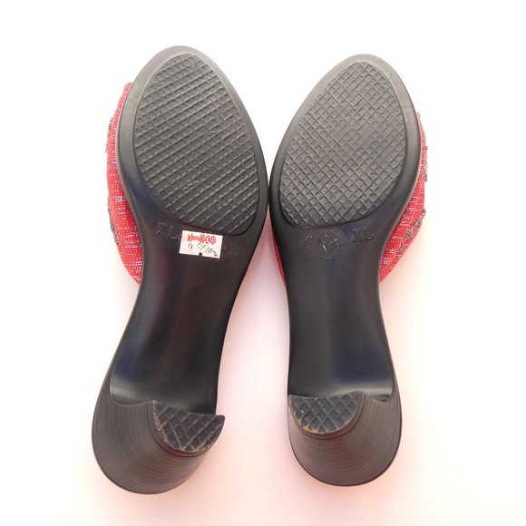 Red and silver metallic fabric beaded mid heel mules size 7.5 - Picture 9 of 10